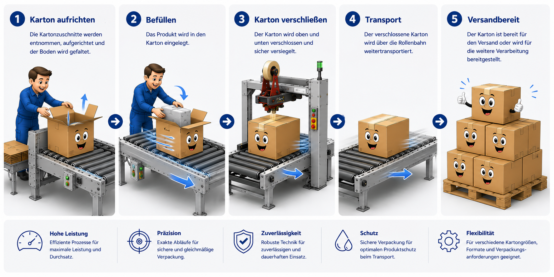 End-of-Line Verpackungsprozess: Karton aufrichten, befüllen, verschließen, Transport, Versand